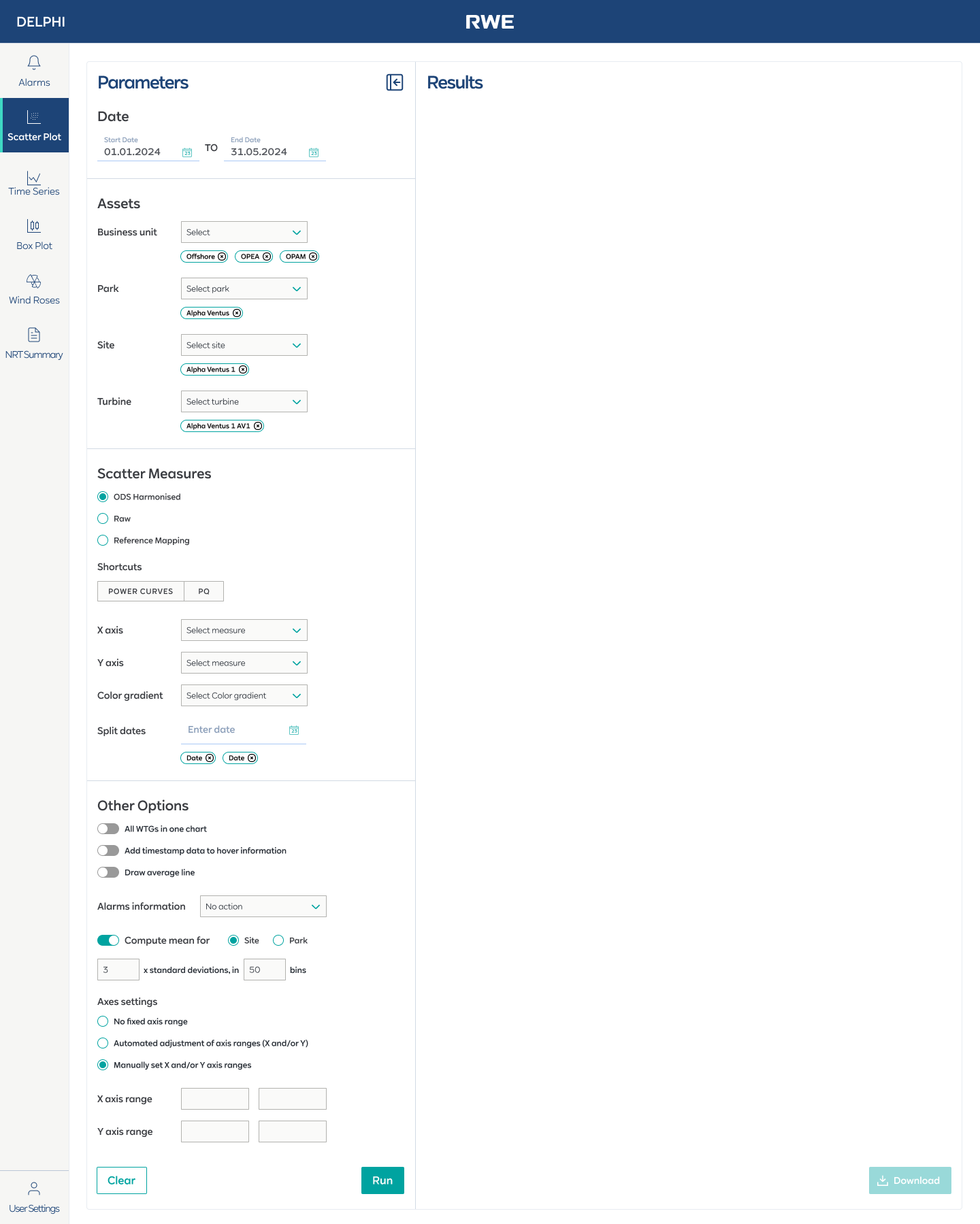 Progressive filter panel — Scatter Plot view with grouped parameters: Assets, Scatter Measures, and Other Options